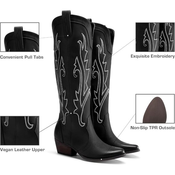 Womens Faux Leather Black Embroidered Side Zipper Chunky Heel Retro Tall Boot - Picture 3 of 9